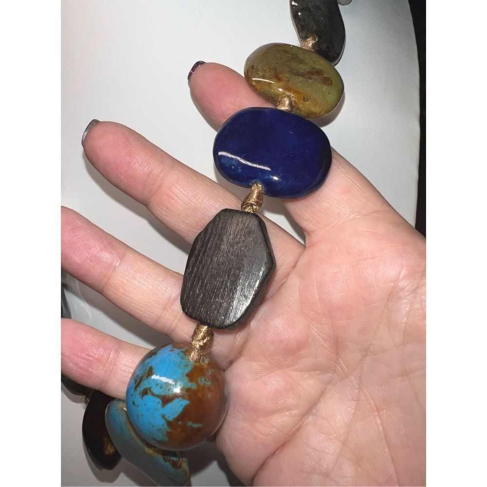 Vintage Large Multi Agate and Gemstone and Wood Beads on Taupe Tie Silk Ribbon - Picture 4 of 11